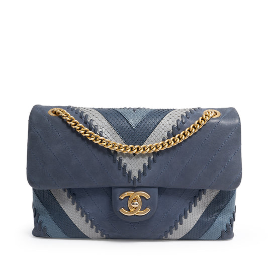 Chanel Python and suede patchwork chevron flap blue